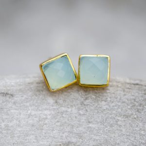 Aqua Chalcedony and Gold Vermeil Stud Earrings