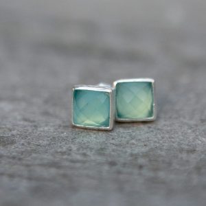 Aqua Chalcedony and Silver Stud Earrings