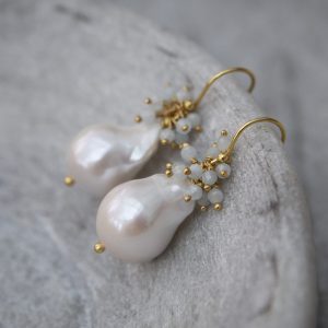 Giant pearl and aqua marine cluster earrings