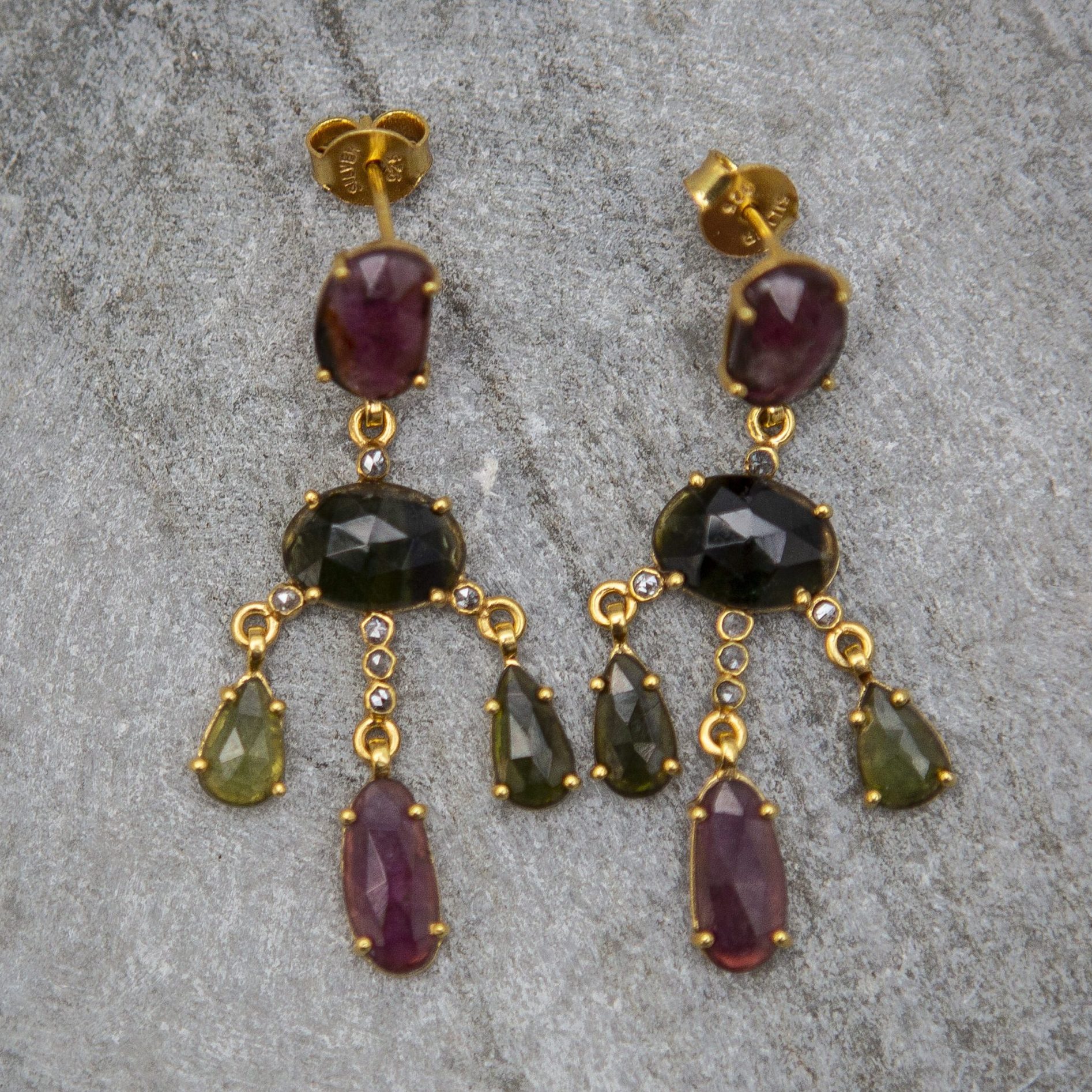 tourmaline multicolour chandelier earrings, gold vermeil - Image 2