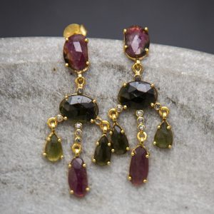 tourmaline multicolour chandelier earrings, gold vermeil