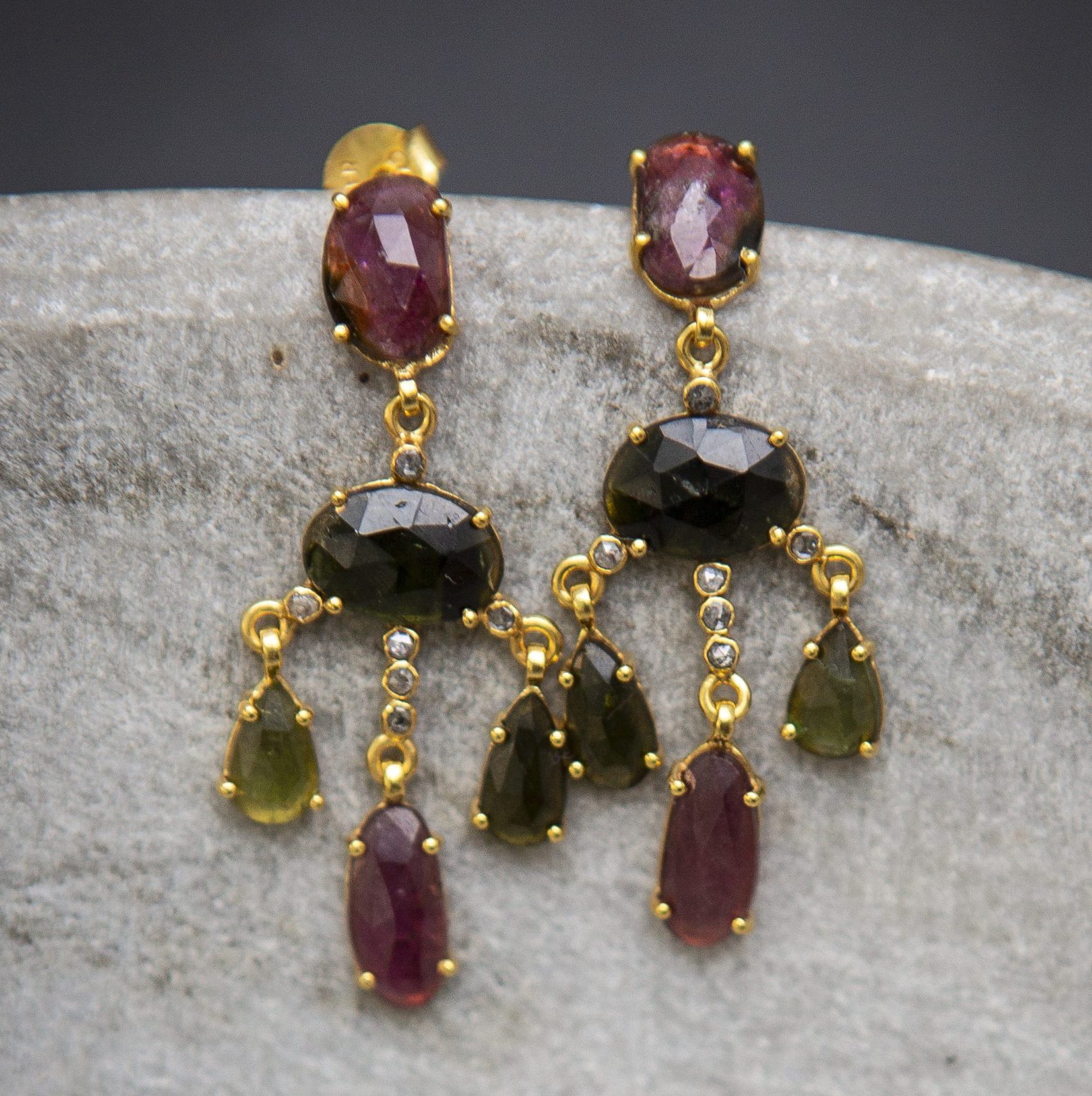 tourmaline multicolour chandelier earrings, gold vermeil