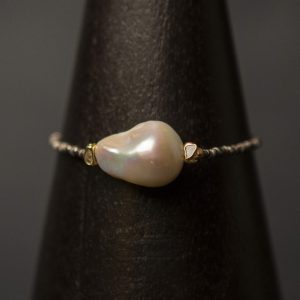 pearl and raw diamond oxidised silver bracelet