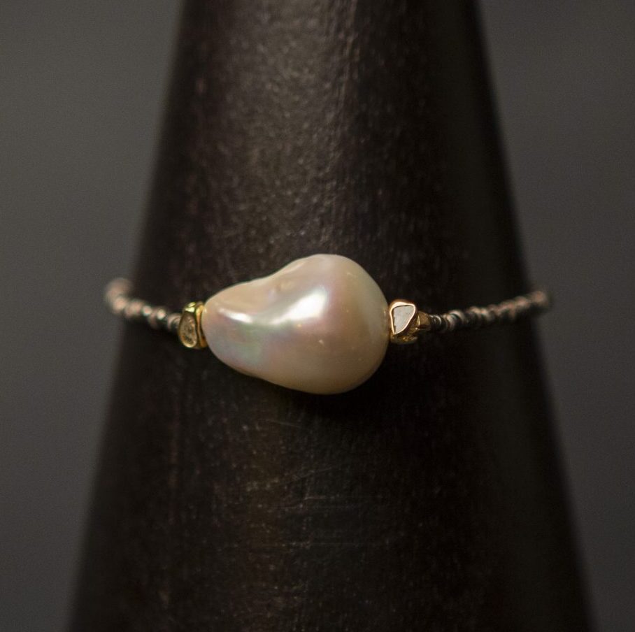 pearl and raw diamond oxidised silver bracelet