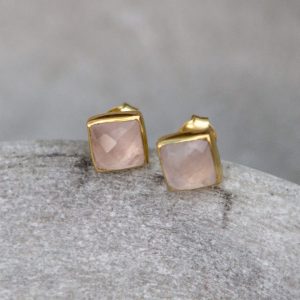 rose quartz stud and Gold Vermeil Earrings