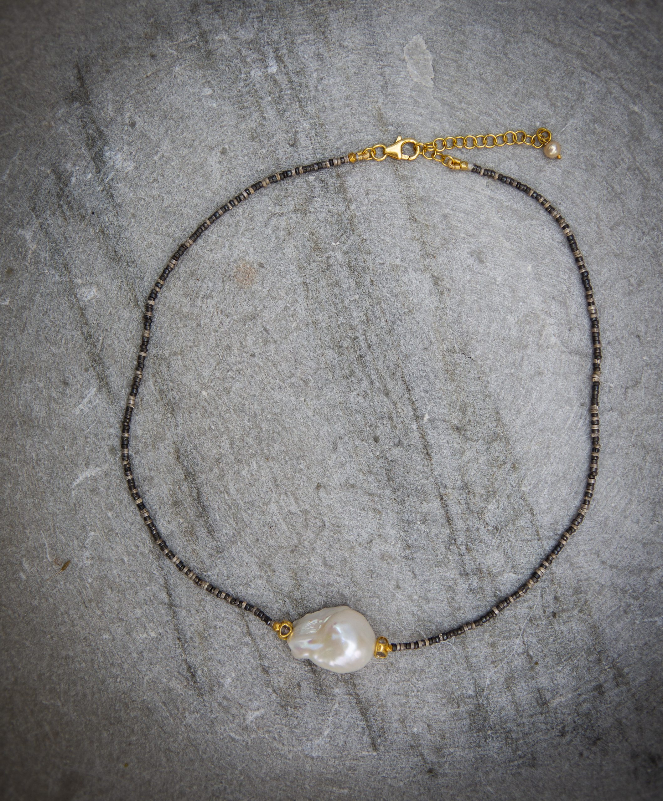 pearl and raw diamond oxidised silver necklace - Image 4