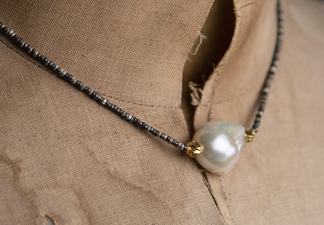 pearl and raw diamond oxidised silver necklace - Image 6