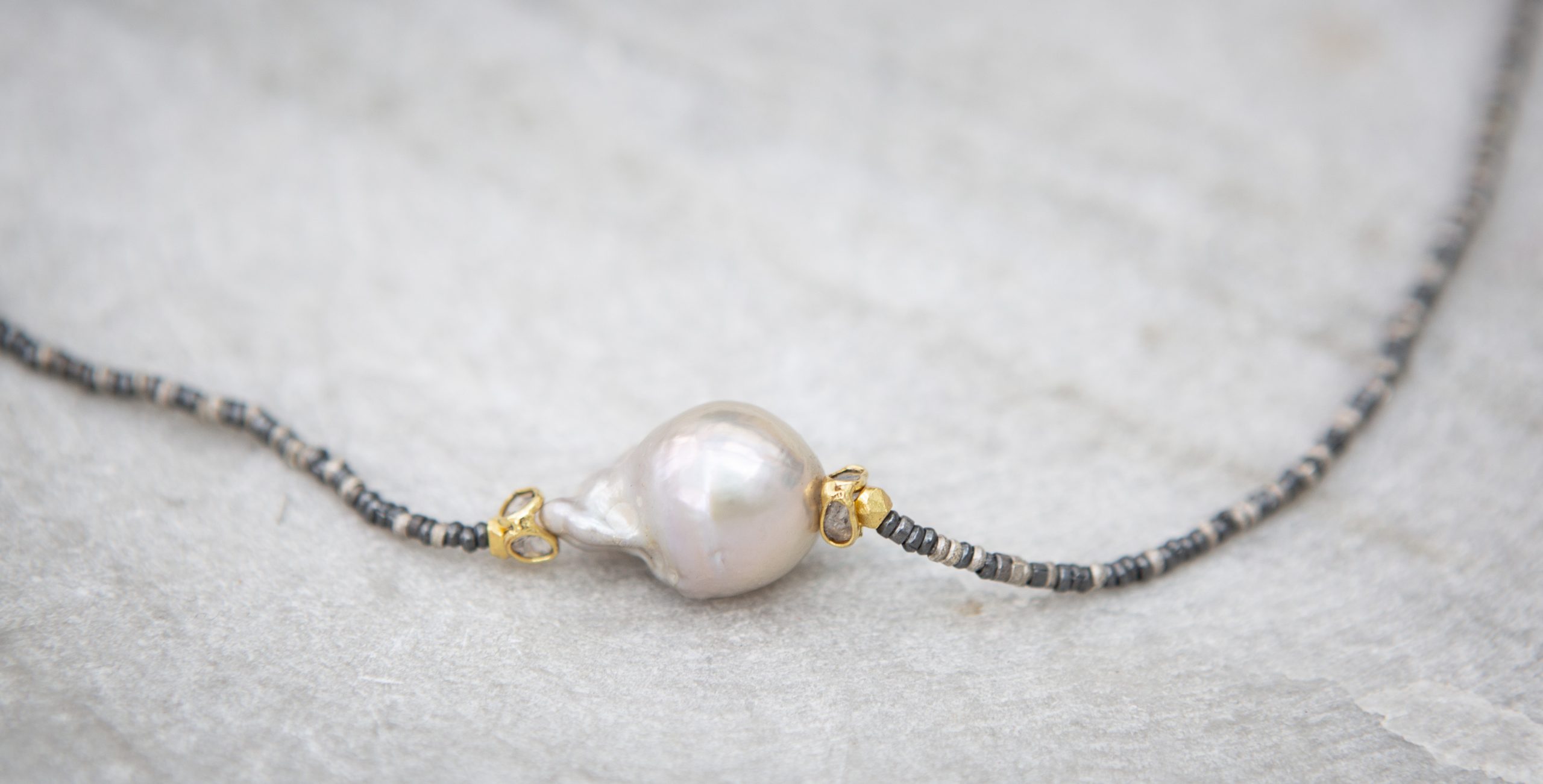 pearl and raw diamond oxidised silver necklace - Image 2