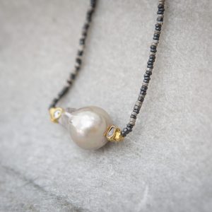 pearl and raw diamond oxidised silver necklace