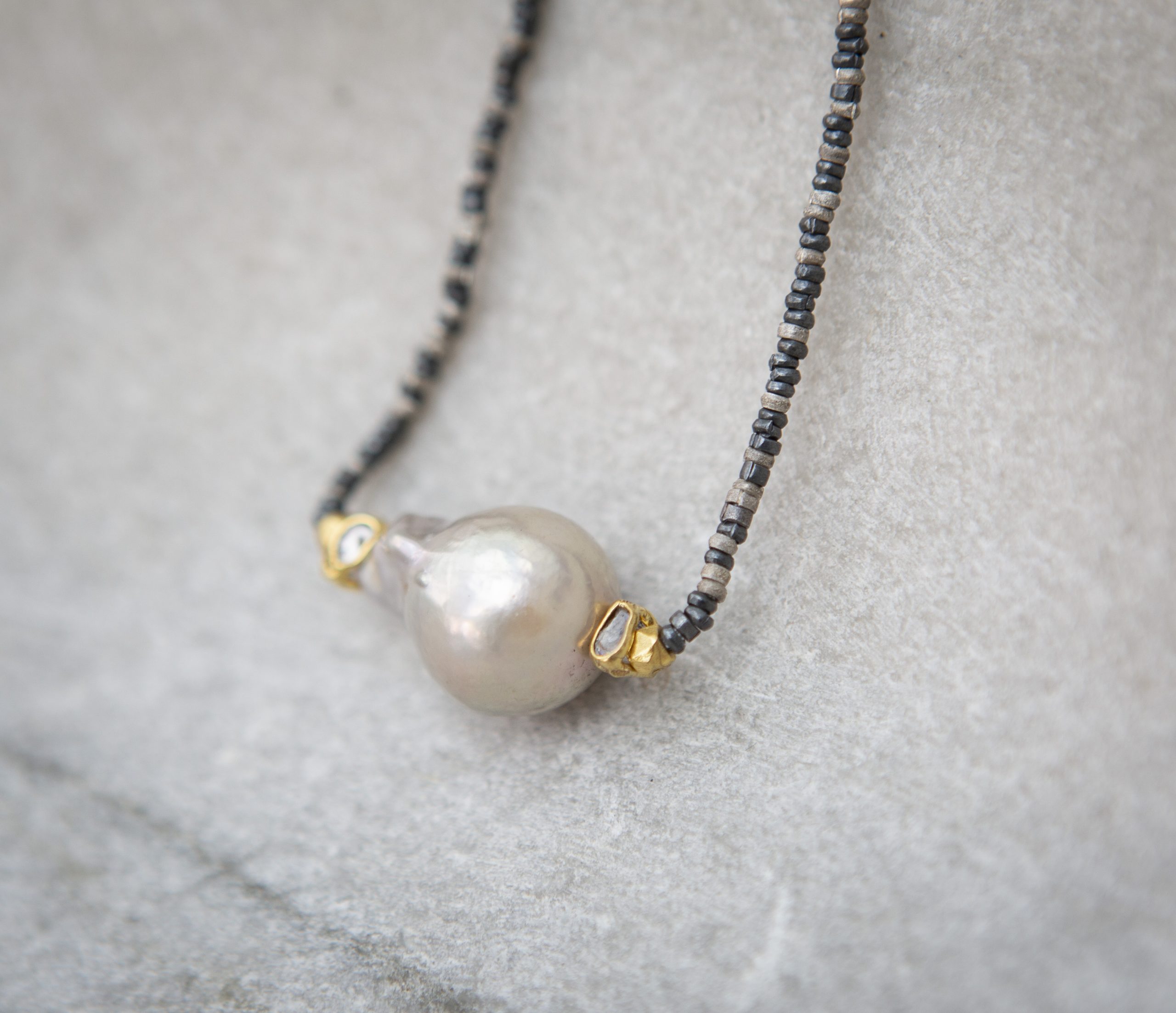 pearl and raw diamond oxidised silver necklace