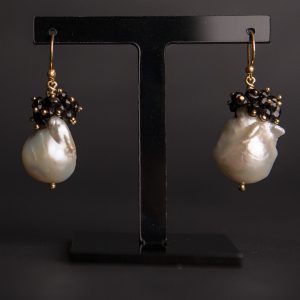 Giant pearl and black agate cluster earrings