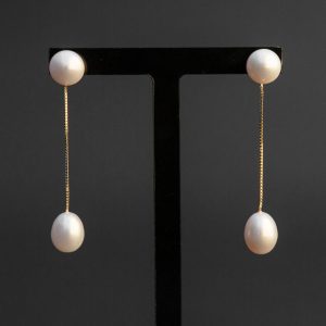 Double drop pearl stud earrings, gold vermeil