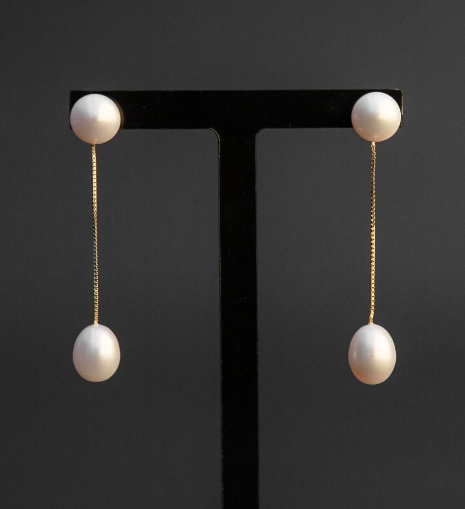Double drop pearl stud earrings, gold vermeil