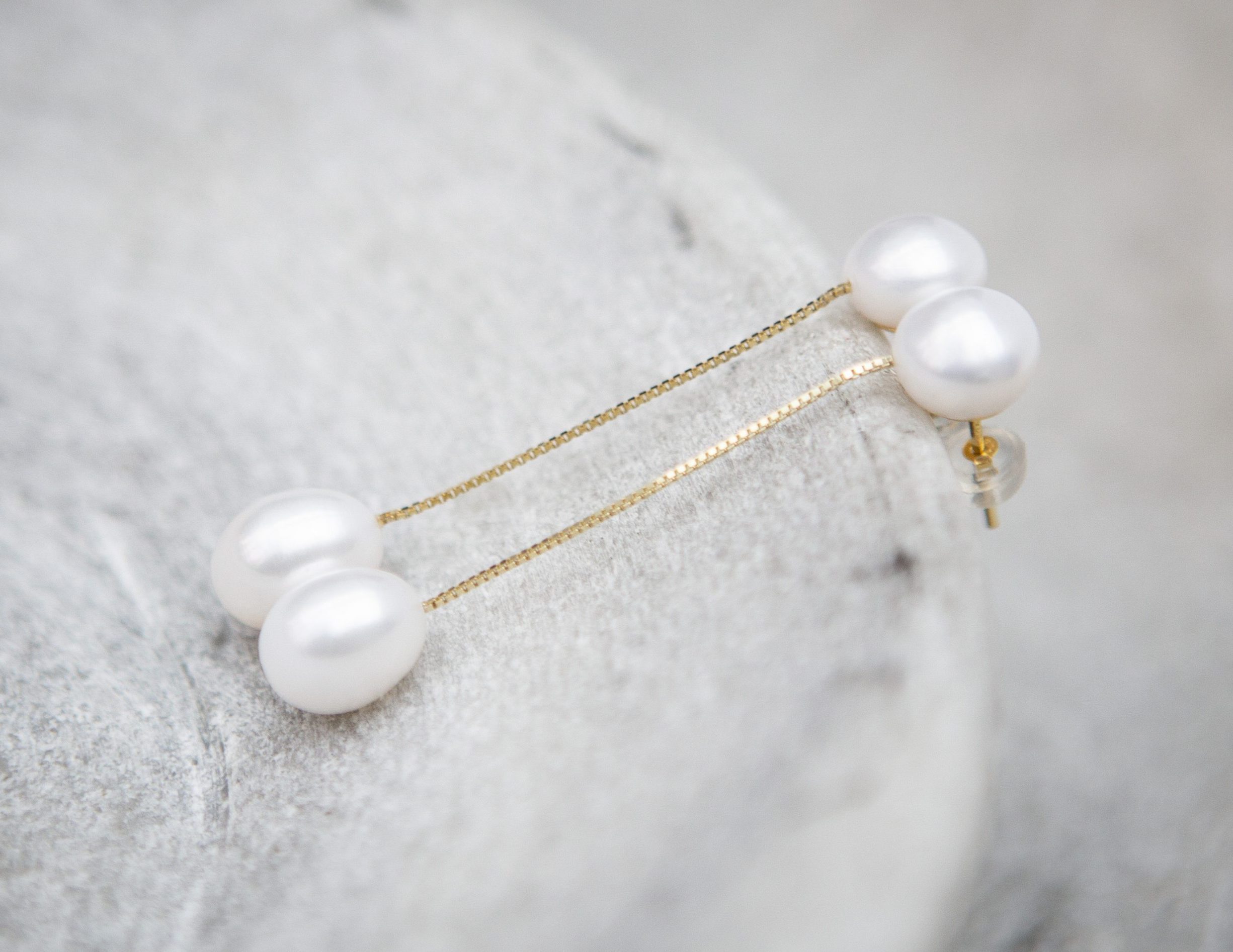 Double drop pearl stud earrings, gold vermeil - Image 3
