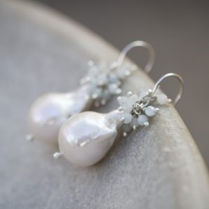 Giant pearl and aqua marine cluster earrings
