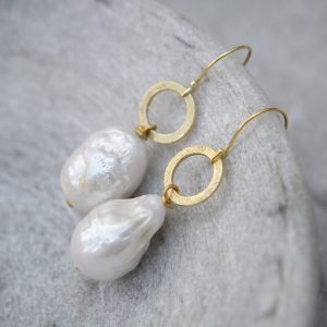 Giant Pearl and circle drop earrings, gold vermeil