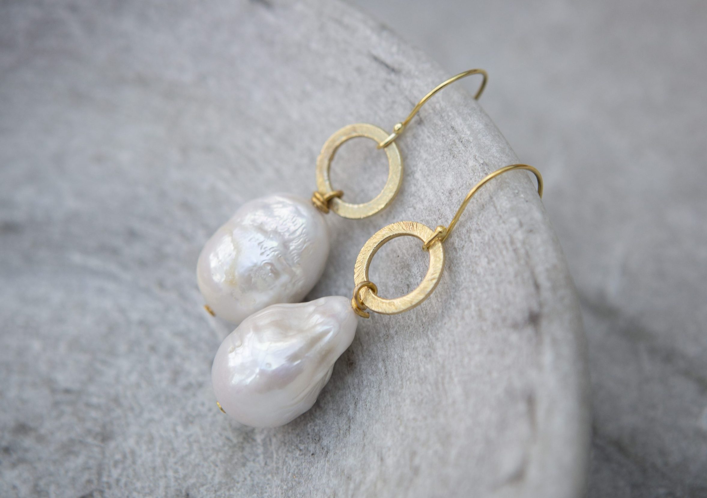 Giant Pearl and circle drop earrings, gold vermeil