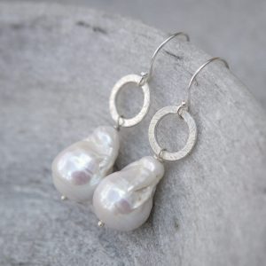 Giant Pearl and circle drop earrings, sterling silver