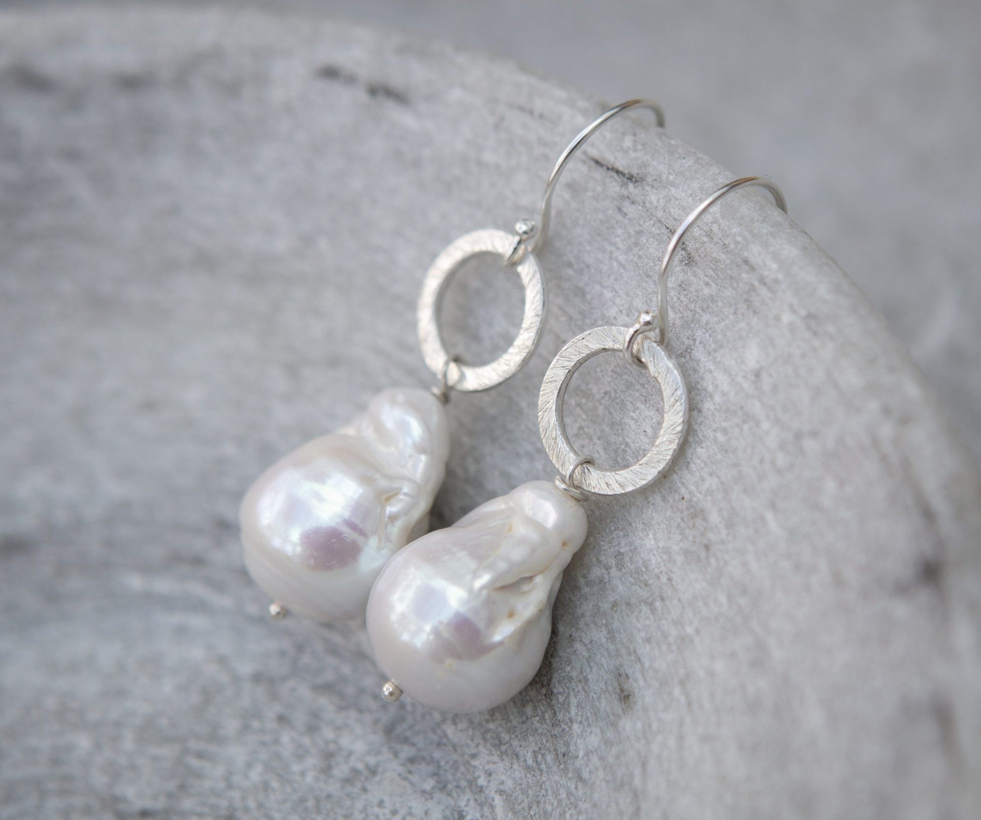 Giant Pearl and circle drop earrings, sterling silver