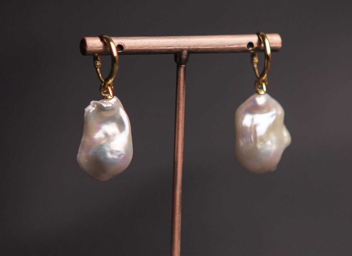 Giant Baroque Pearl and hoop Earrings, gold vermeil