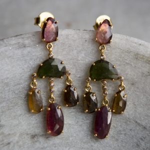 tourmaline multicolour chandelier earrings, gold vermeil