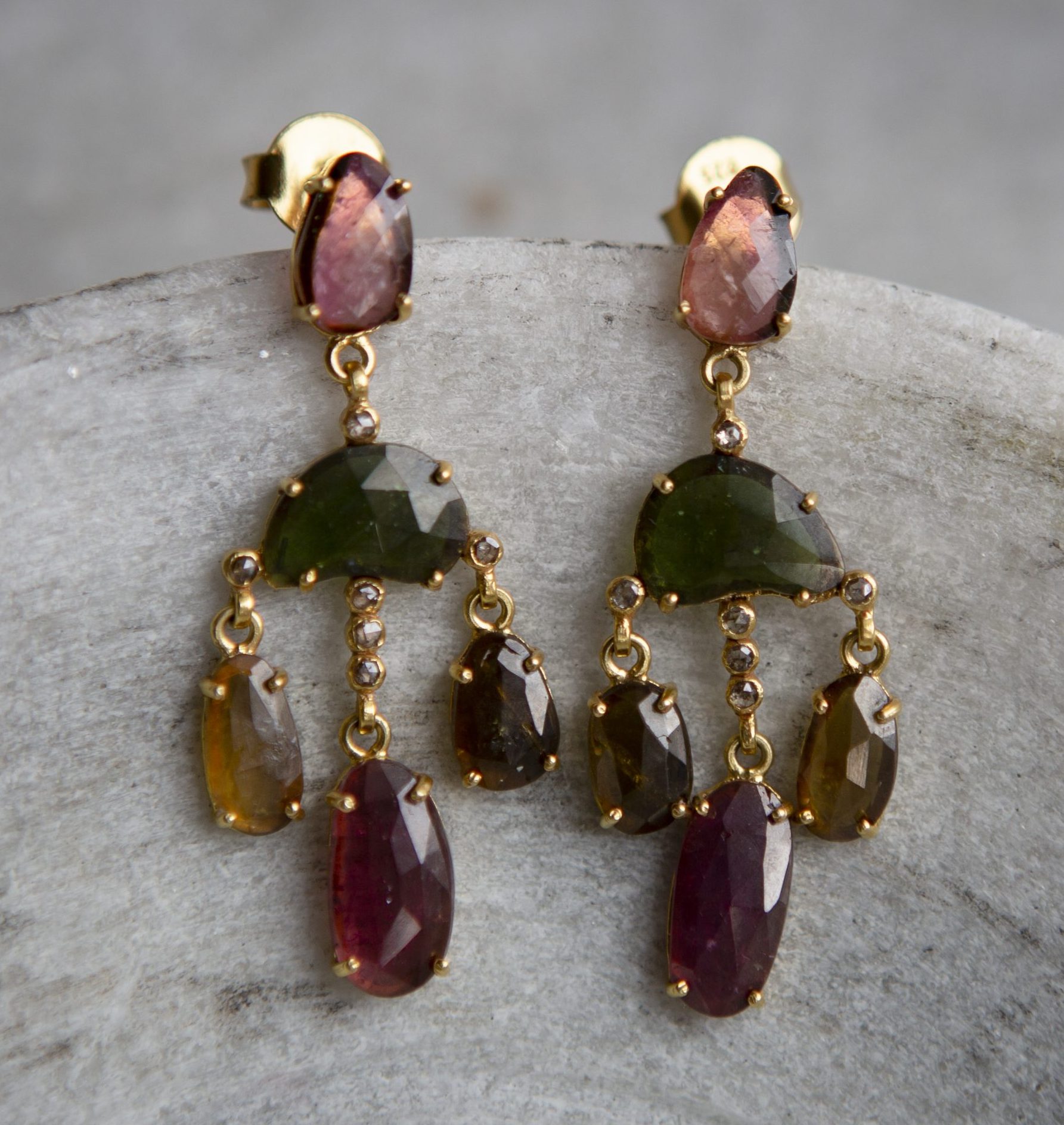 tourmaline multicolour chandelier earrings, gold vermeil