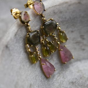 tourmaline multicolour chandelier earrings, gold vermeil