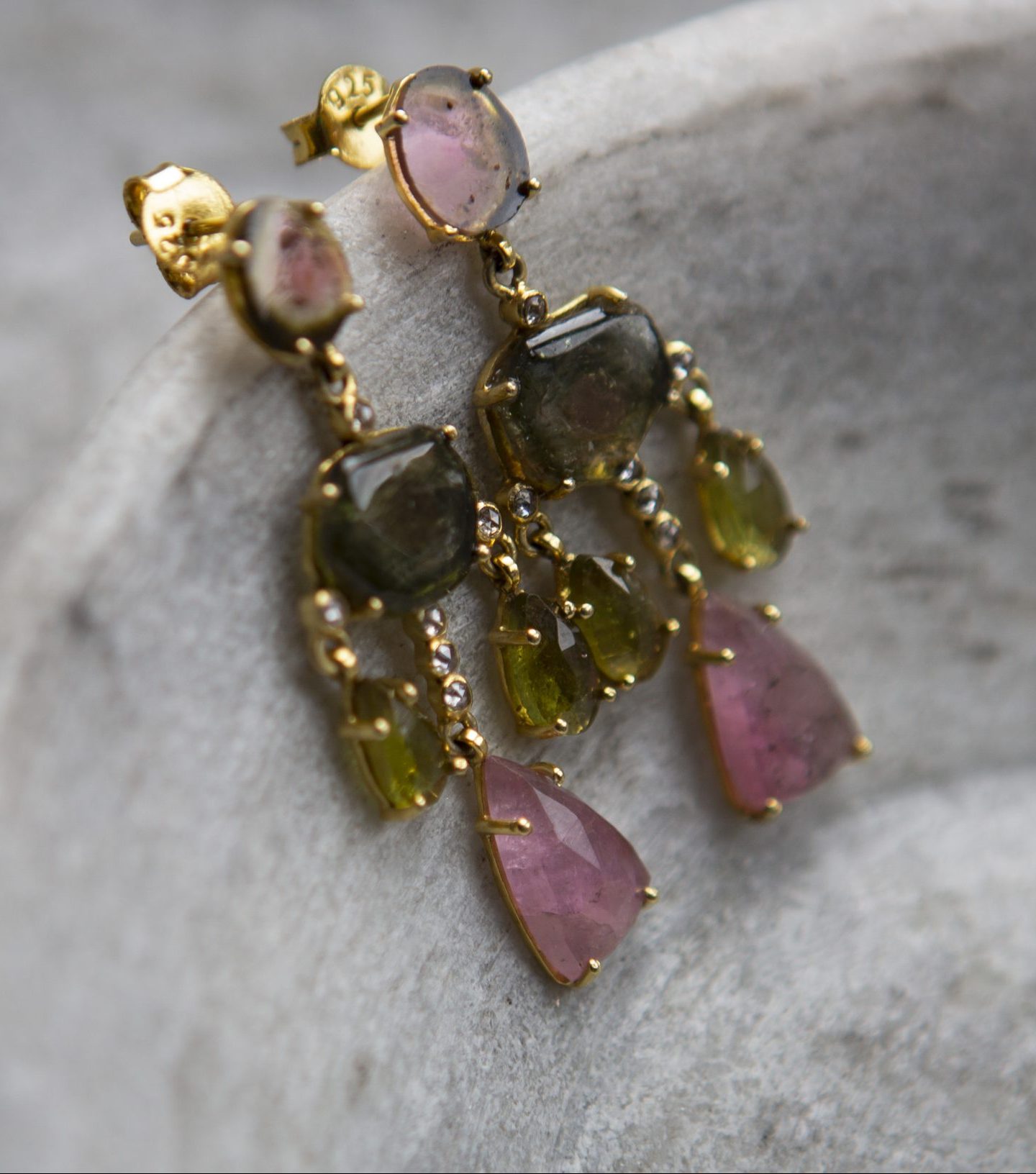 tourmaline multicolour chandelier earrings, gold vermeil