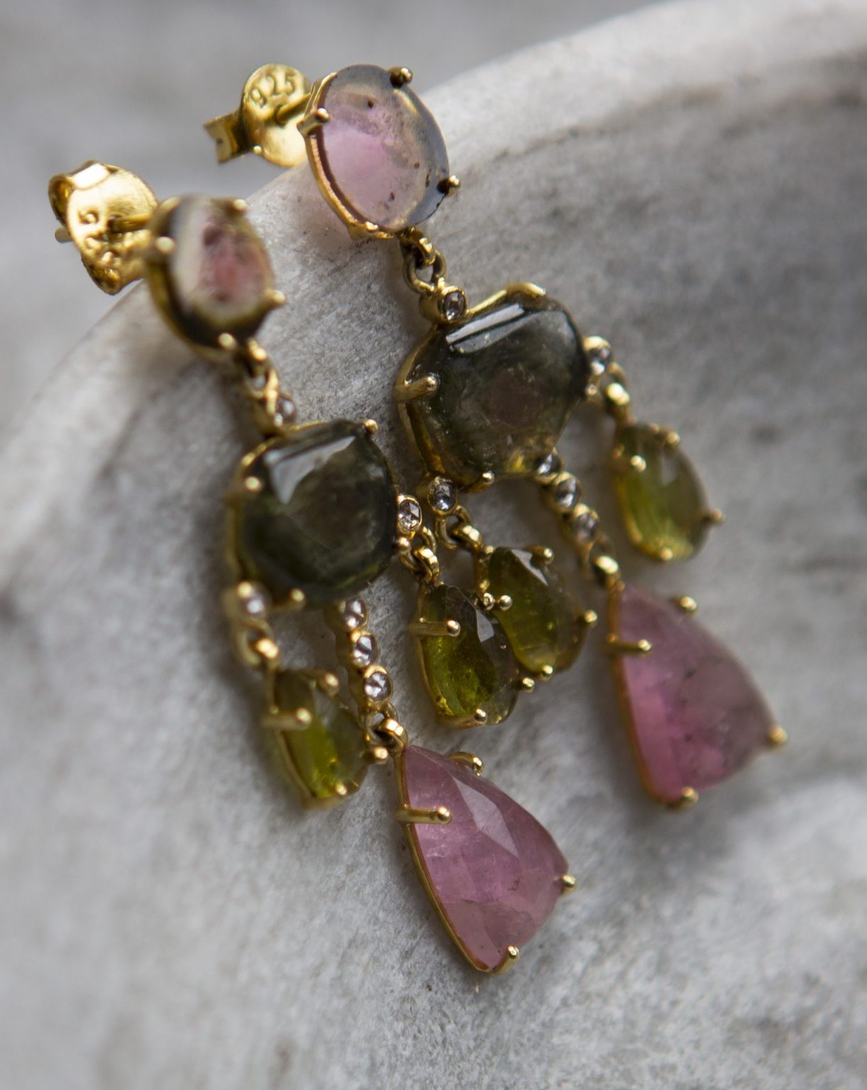 tourmaline multicolour chandelier earrings, gold vermeil - Image 3