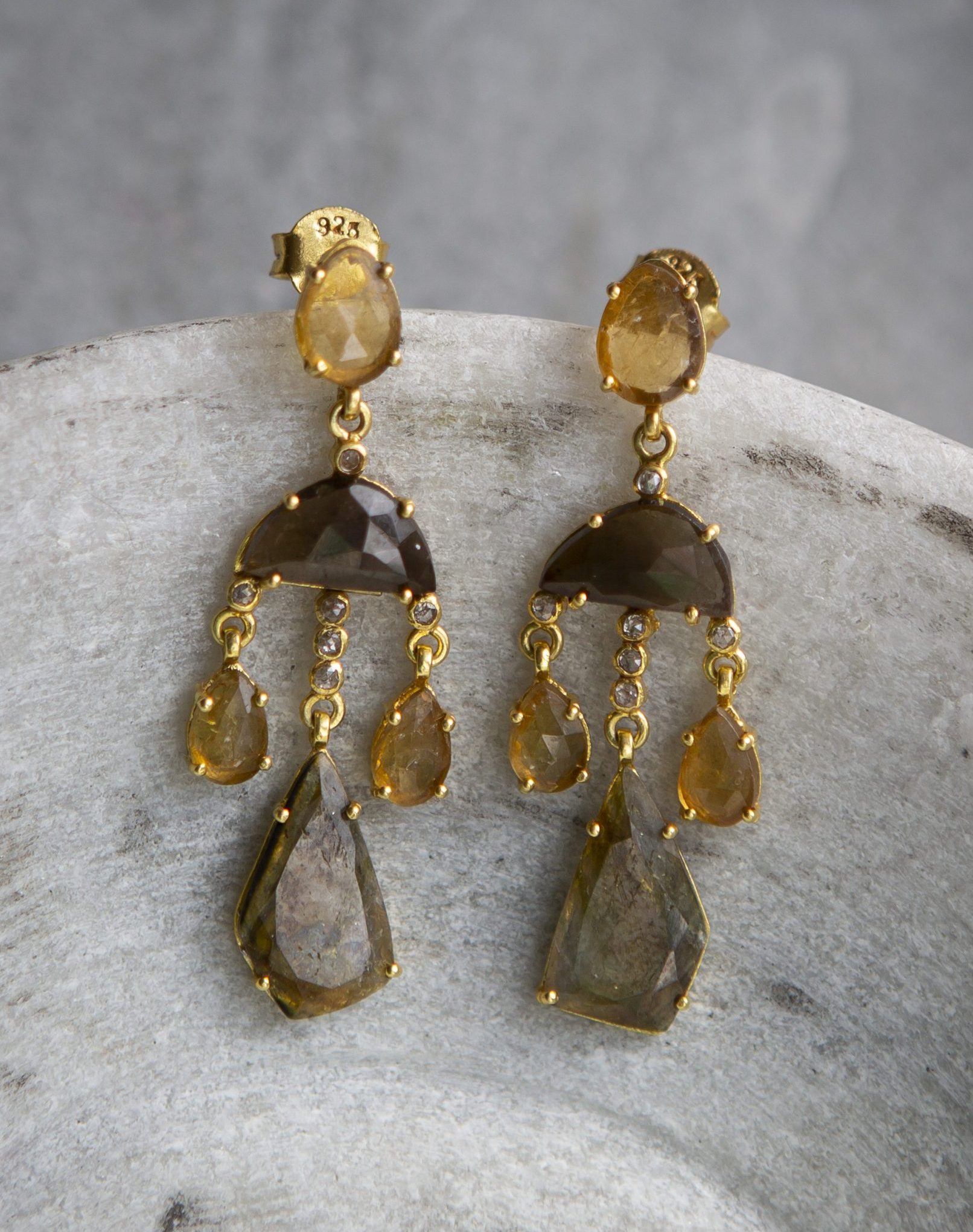 tourmaline green chandelier earrings, gold vermeil