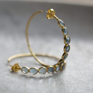 blue topaz statement hoop earrings, gold vermeil