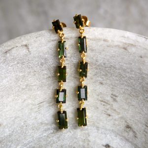 tourmaline green long drop earrings, gold vermeil