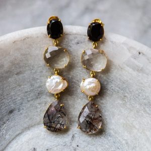 black onyx, pearl and quartz stud drop earrings, gold vermeil