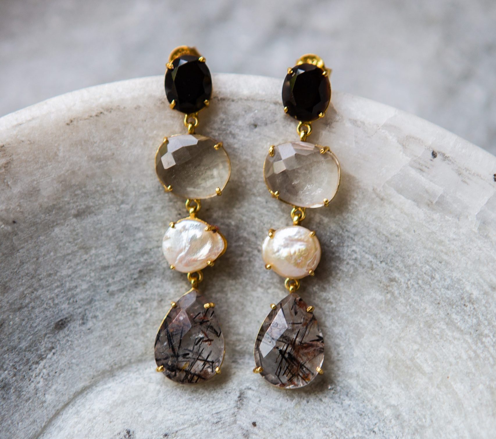 black onyx, pearl and quartz stud drop earrings, gold vermeil